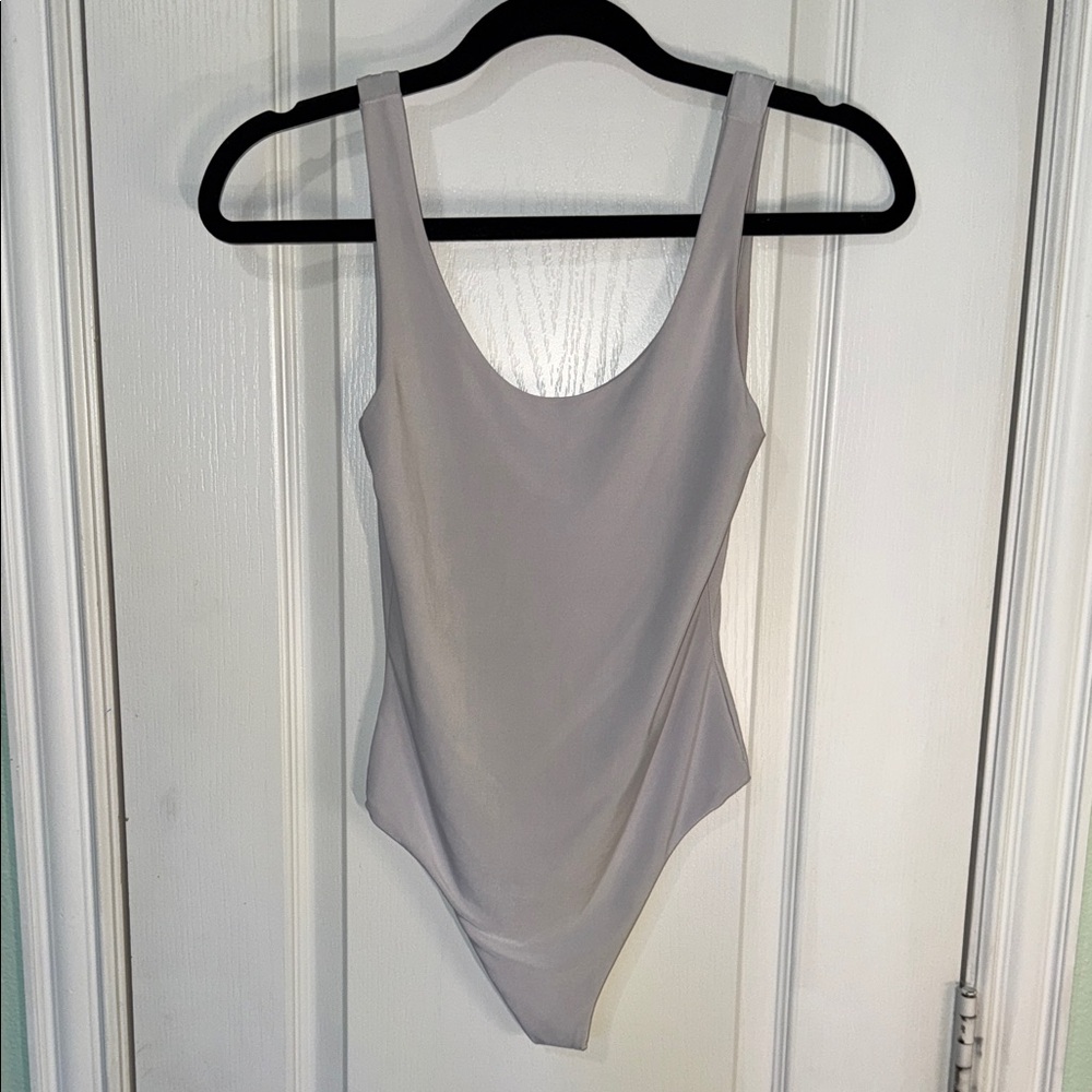 Super Light Gray Scoop Neck Bodysuit with Low Back